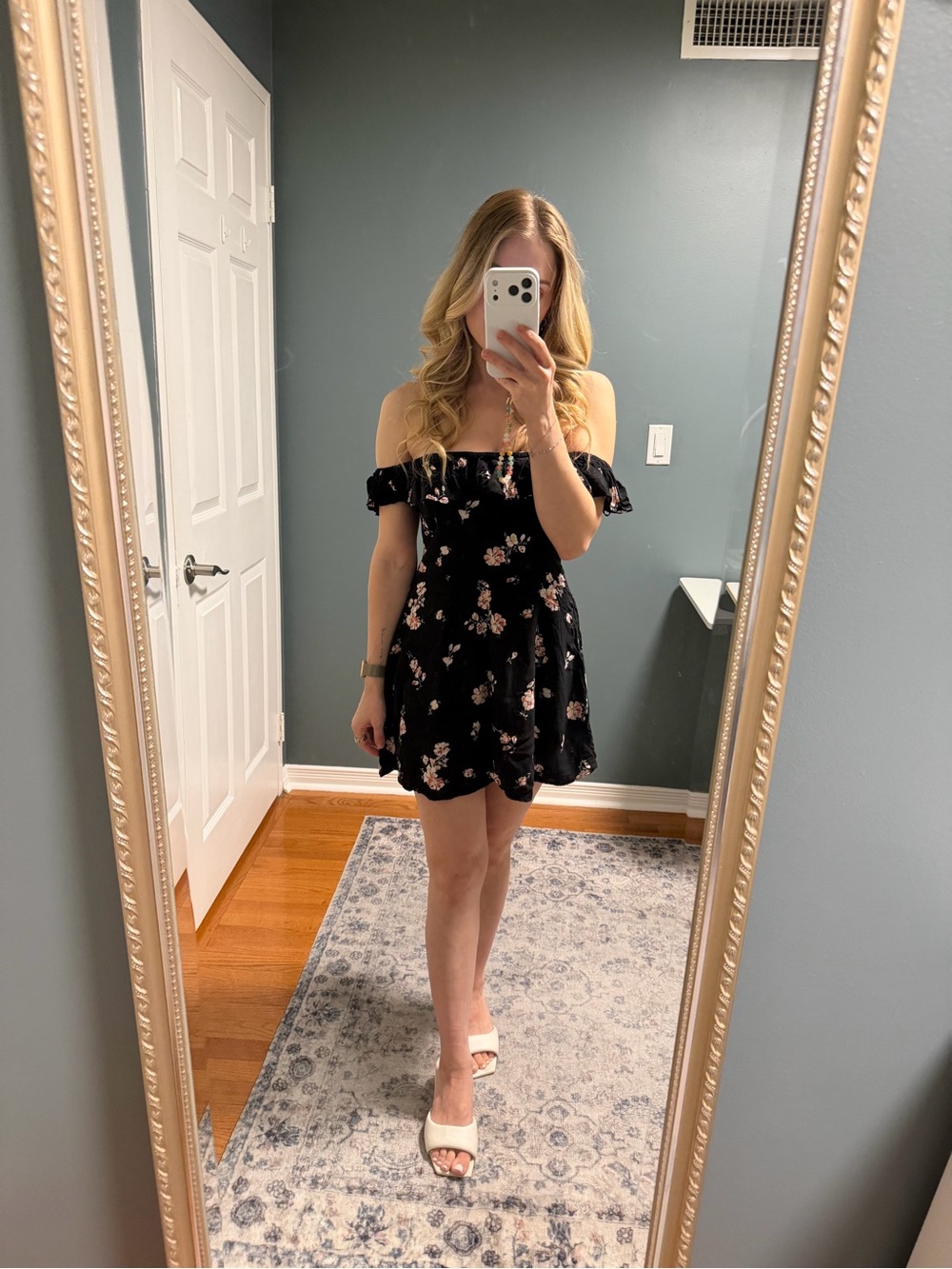 Garage Black Off-Shoulder Dress with Pink Floral Print